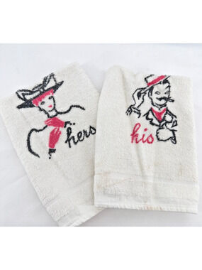 Vintage His Her Hand Towels Mid Century Bathroom Set Dundee USA Cotton